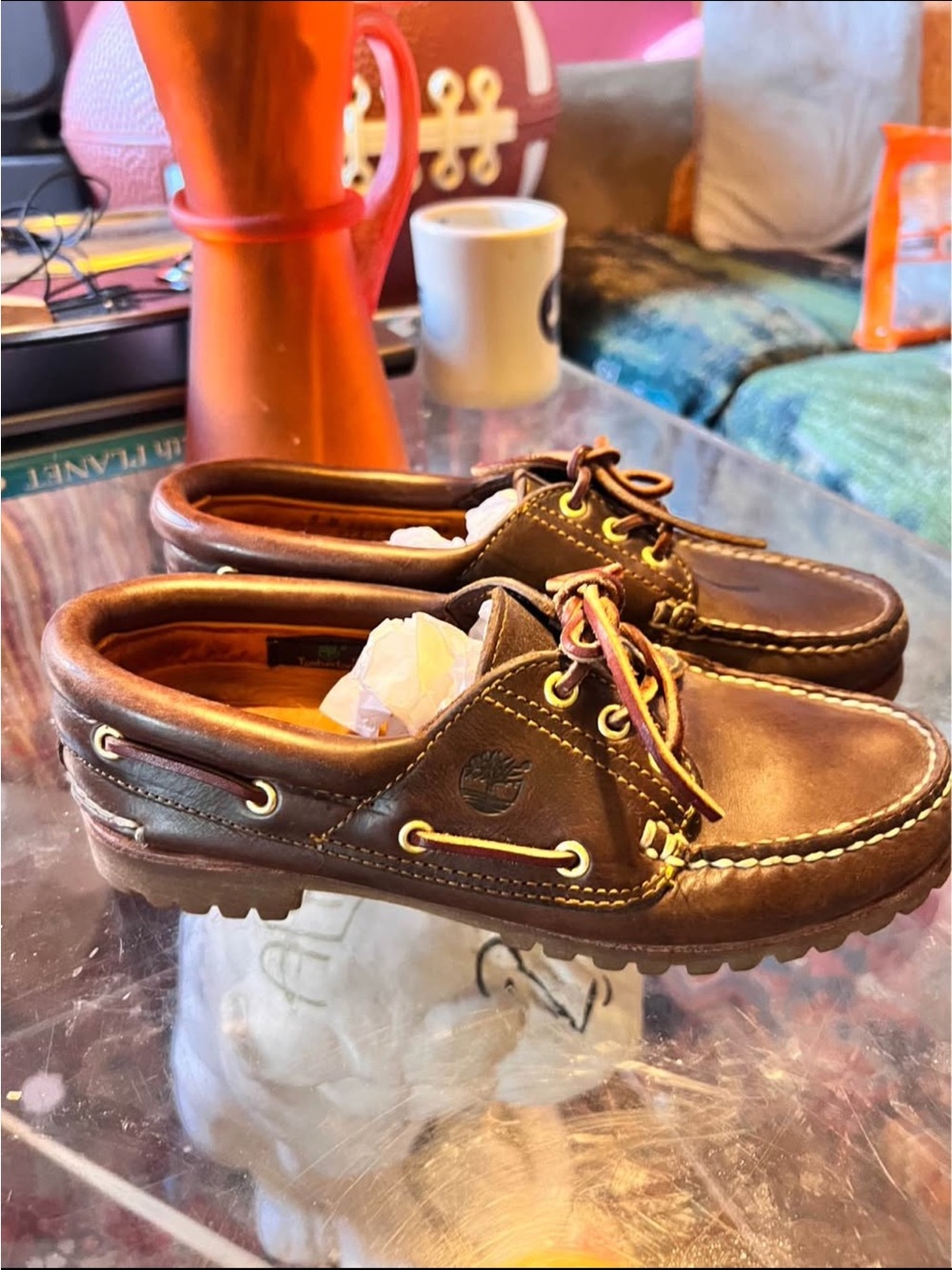 Timberland Men's Dark Brown Leather Boat Shoes with Contrast Laces